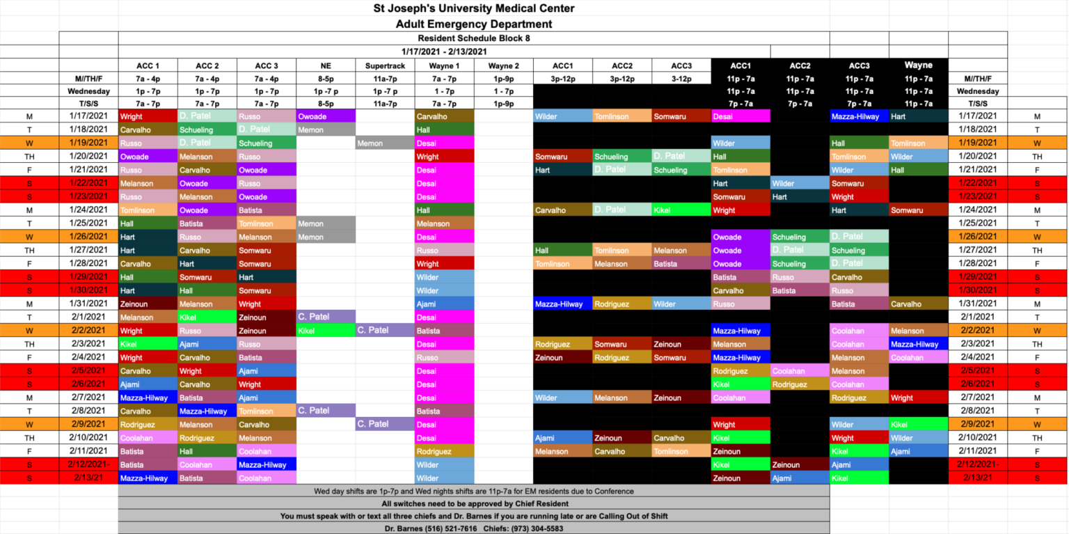 Monthly Block Schedule – St. Joseph's Health Center: Emergency Medicine