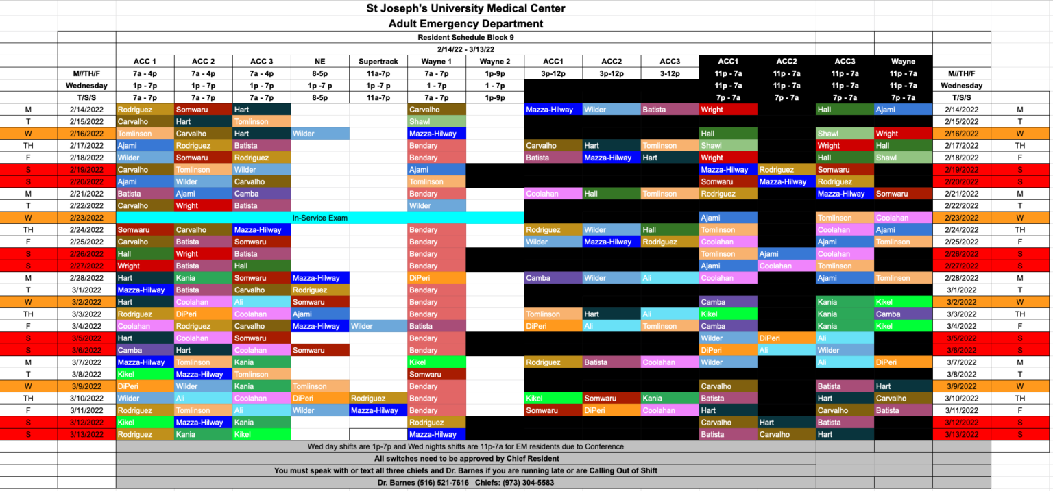 Monthly Block Schedule – St. Joseph's Health Center: Emergency Medicine